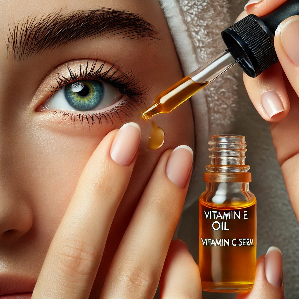 "Applying Vitamin E oil and Vitamin C serum around the eyes."