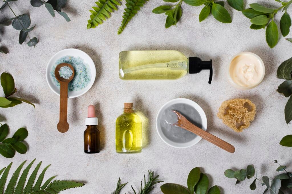 A comprehensive skincare setup featuring both natural remedies like cucumber slices and commercial products such as eye creams with hyaluronic acid and retinol, illustrating how to tighten eyelids at home.