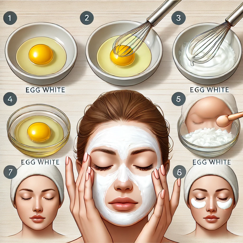 Step-by-step process of preparing and applying an egg white mask for tightening eyelids at home.