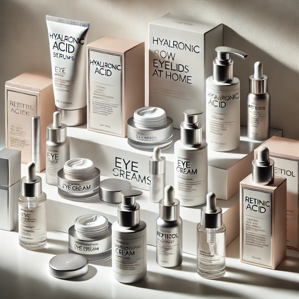 A selection of eye creams and serums showcasing key ingredients like hyaluronic acid, retinol, and peptides, emphasizing how to tighten eyelids at home.