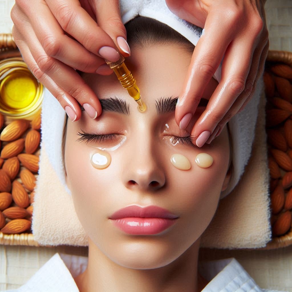 "Demonstration of an eye massage with almond oil for tightening sagging eyelids at home"