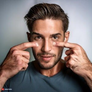 "Man performing an eyelid tightening exercise to lift sagging eyelids at home"